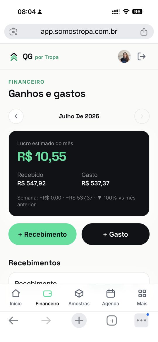 Tela de financeiro do QG